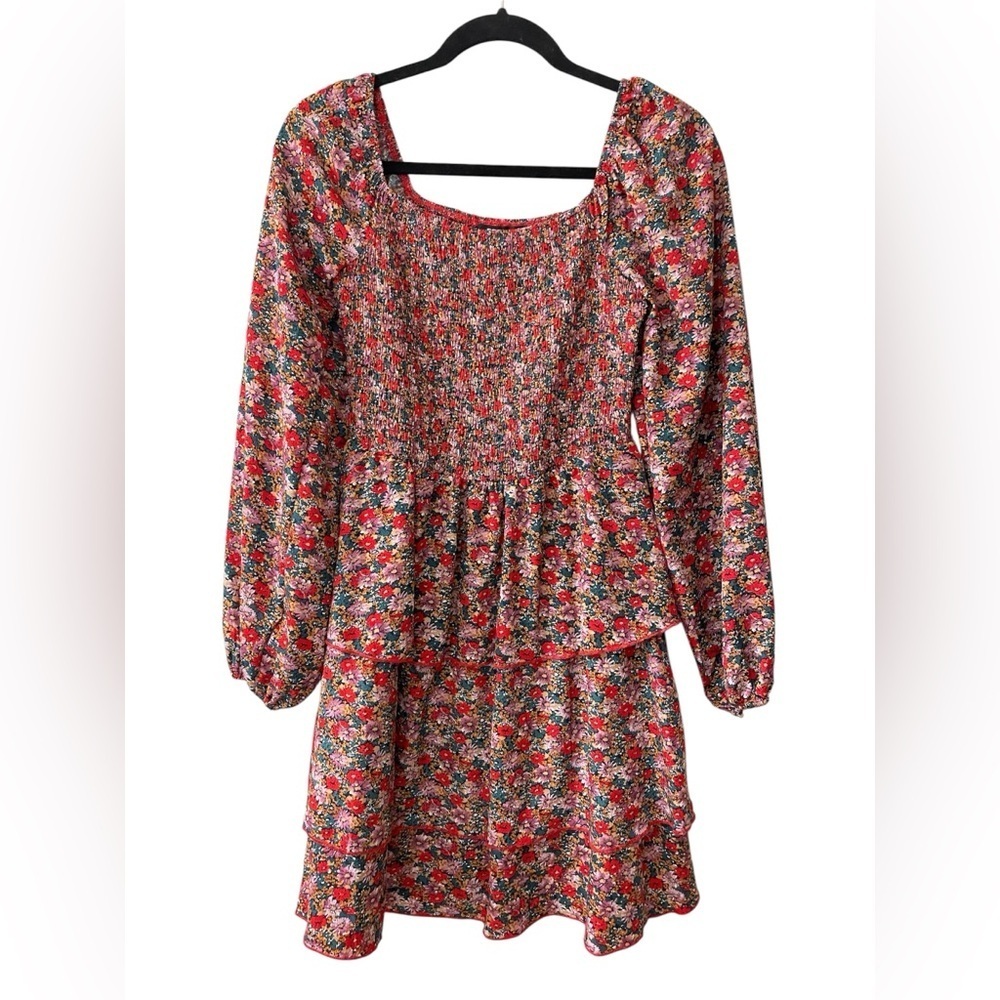Red Floral Tiered Dress Long Sleeve Smocked Top Small